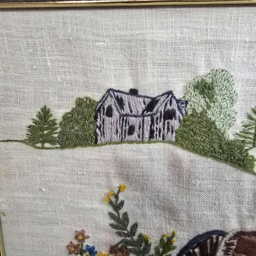 Vintage Framed Crewel #313 Old Wagon Wheel Farmhouse Landscape 17"x13" Rustic - Picture 3 of 14